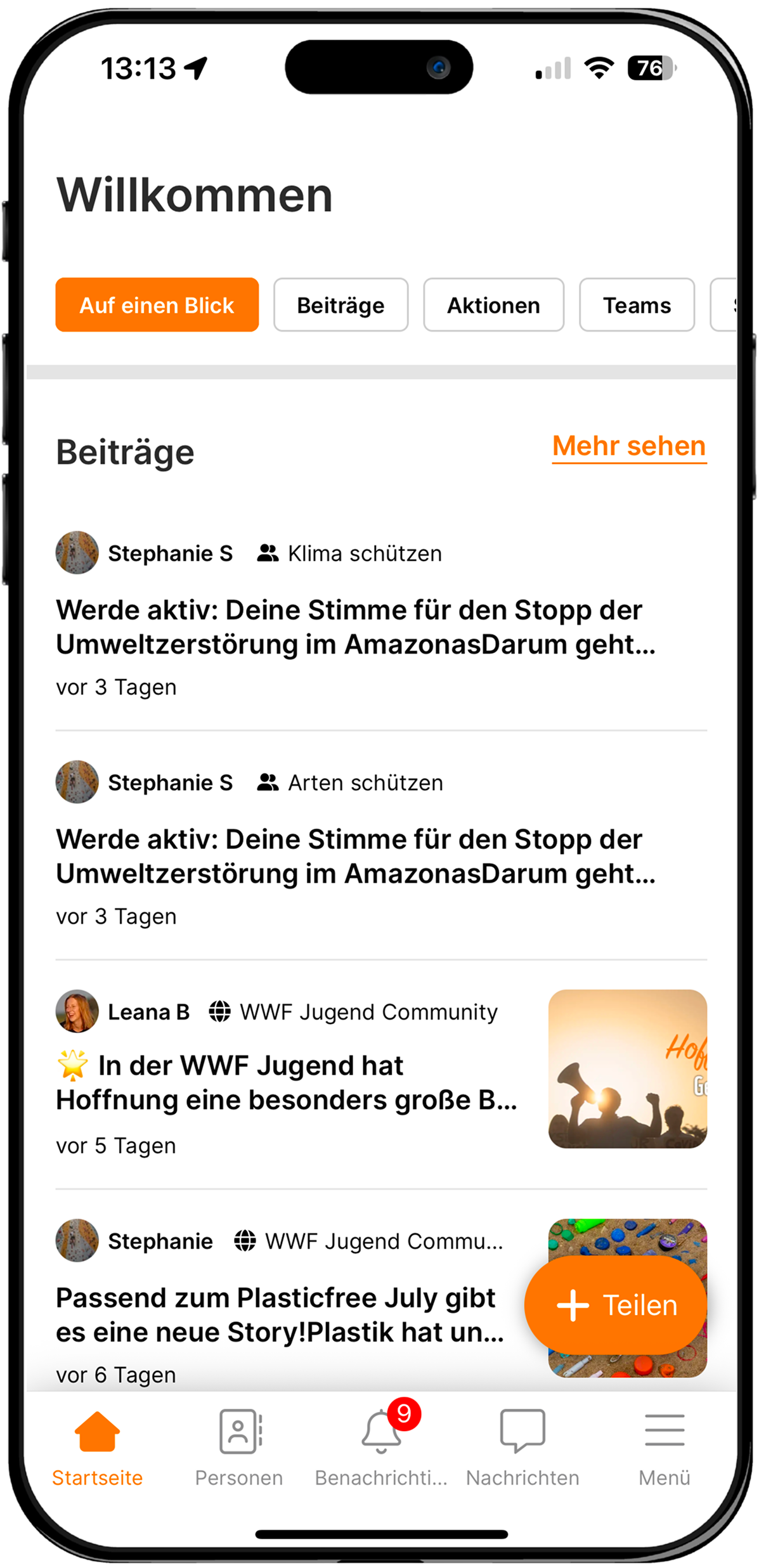 Screenshot aus der WWF Jugend Community-App, der verschiedene Stories anzeigt.