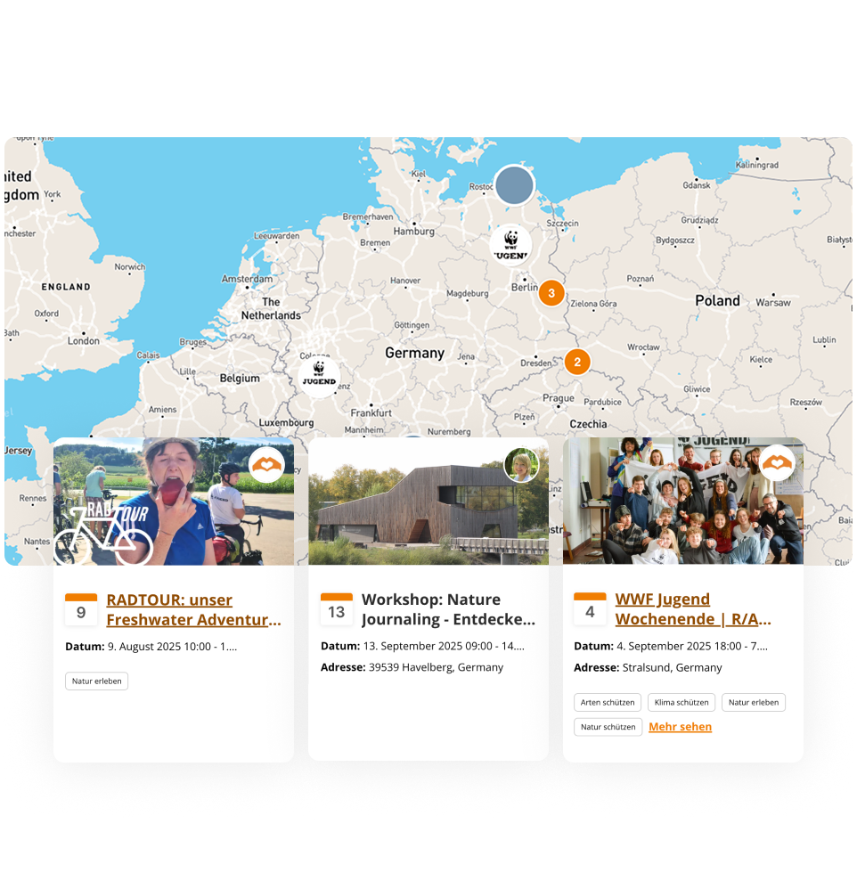 Eine Europakarte, auf der beispielhafte Aktionen der WWF Jugend Community verzeichnet sind.