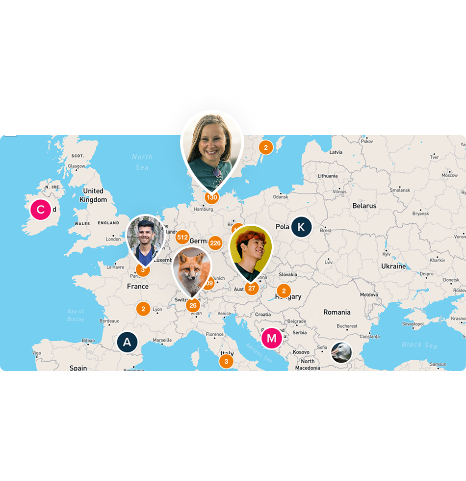 Beispielbild: Eine Europakarte auf der die Profilbilder einiger Community-Mitglieder abgebildet sind.