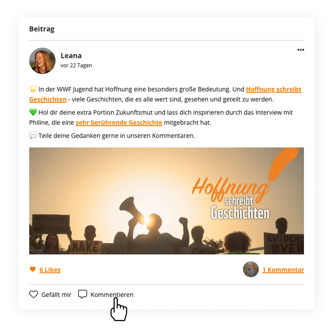 Ein Post aus der Community; ein Cursor klickt auf die Kommentieren-Funktion