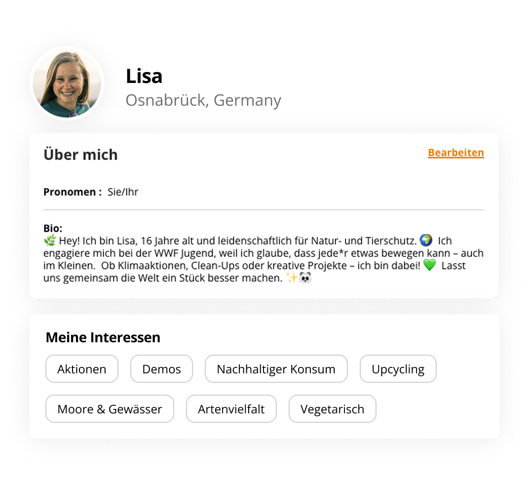 Profil eines fiktiven Mitglieds namens Lisa mit Biografie und ihren Interessen im Bezug auf den Umweltschutz