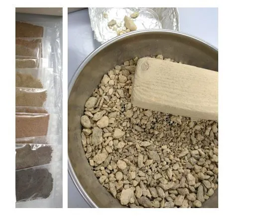 Das linke Bild zeigt kleine Tütchen mit Bodenproben in verschiedenen Brauntönen.Das rechte Bild zeigt ein Metallsieb mit Steinen verschiedener Größe.