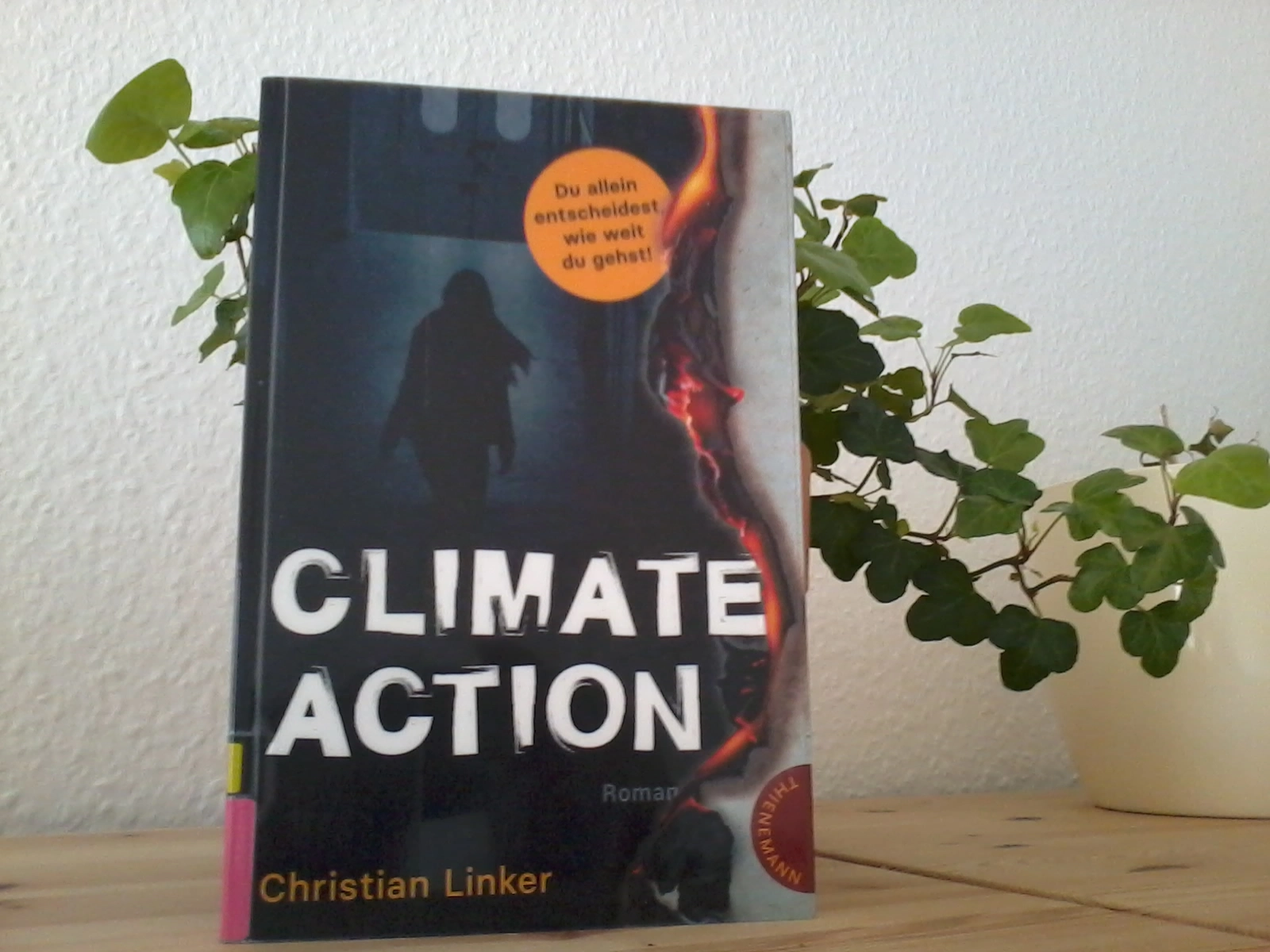 Das Foto zeigt das Buch "Climate Action" stehend vor einer Pflanze.