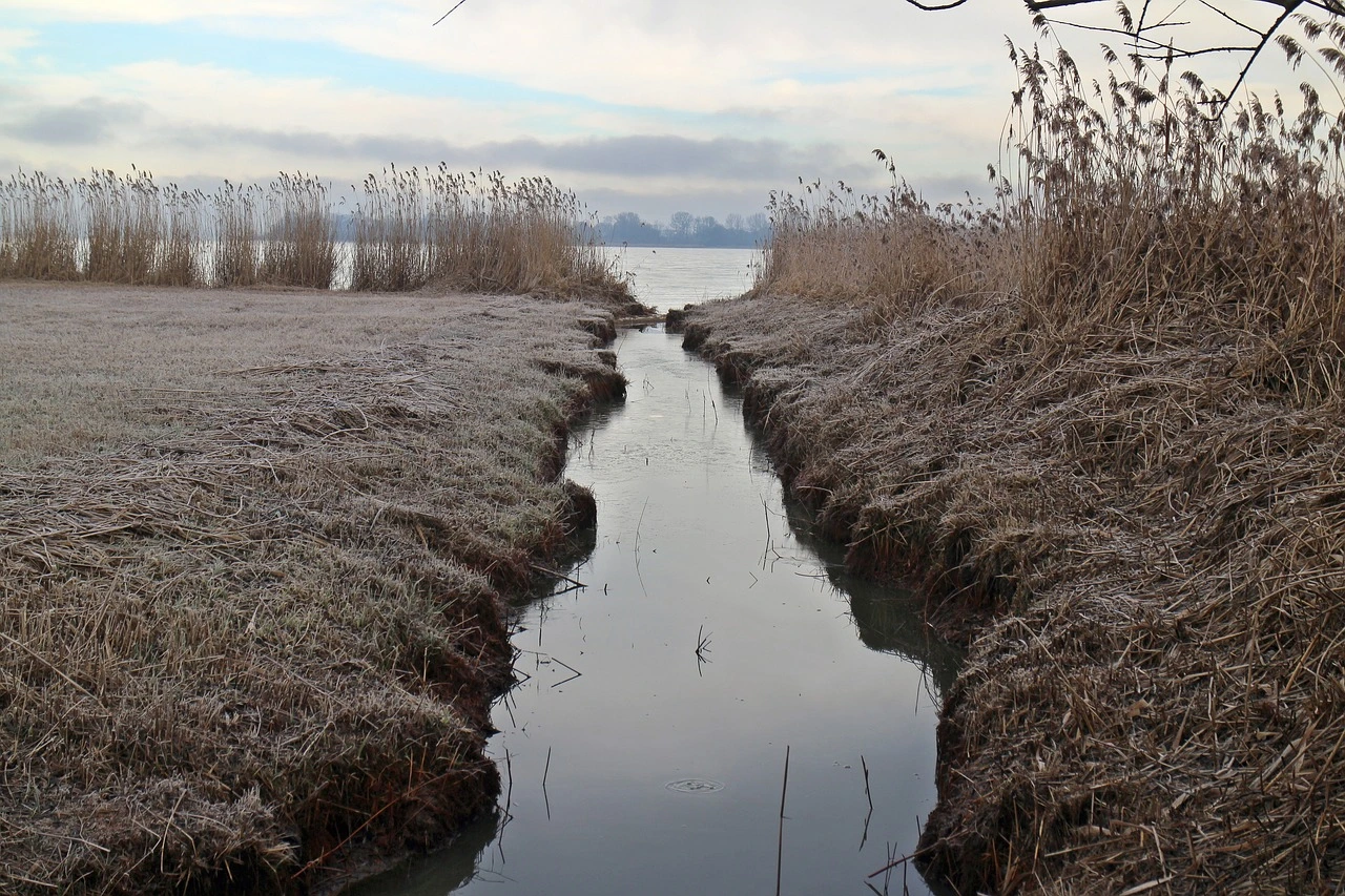 Das Foto zeigt eine frostige Landschaft mit einem Entwässerungsgraben, der mit Wasser gefüllt ist.