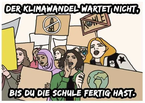 Das Foto zeigt eine bunte Illustration. Darauf sind mehrere Menschen mit Plakaten zu sehen. Auf einem ist das durchgestrichene Wort "Kohle" zu lesen.