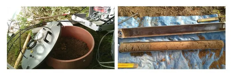 Das linke Bild zeigt einen Plastikring, der im Boden feststeckt. Halb darauf liegt ein Deckel für den Ring, von dem mehrere Schläuche zu einem Koffer mit Messgeräten abgehen. Das rechte Bild zeigt einen Boden-Bohrkern, in der halben Metallröhre liegt der Bohrkern. Die verschiedenen Horizonte des Bodens sind durch unterschiedliche Brauntöne gut zu erkennen.