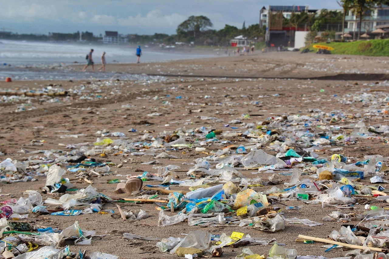 Das Bild zeigt einen vermülten Strand. Im Hintergrund sind unscharf Menschen und Gbeäude zu erkennen.