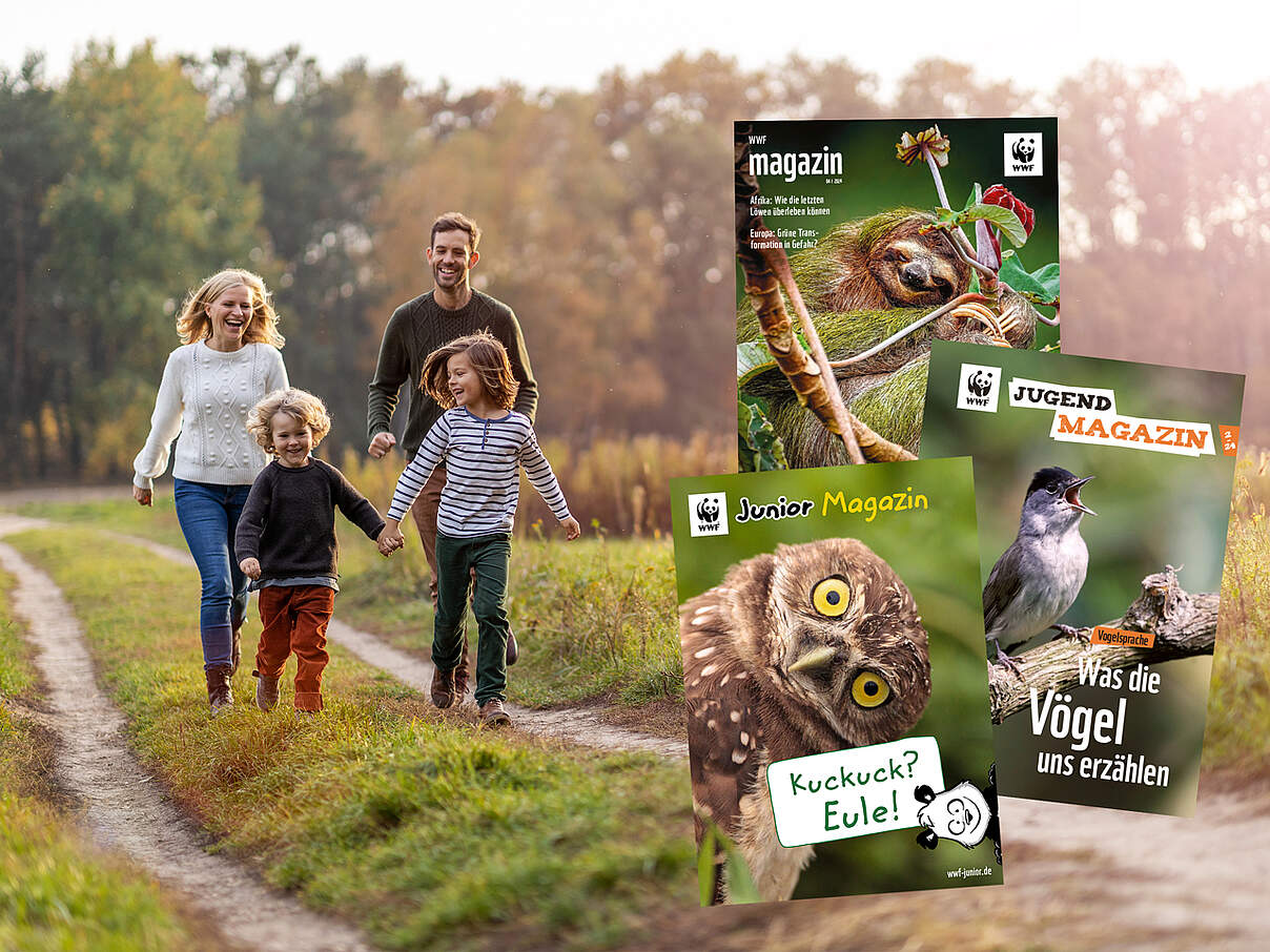 Drei beispielhafte Mitgliedermagazine für die WWF Familienmitgliedschaft, im Hintergrund ist eine junge Familie zu sehen.