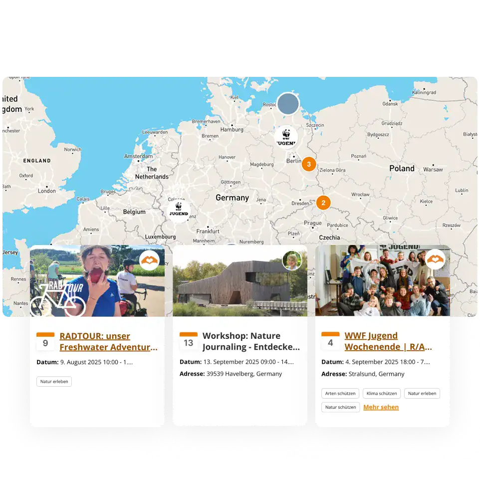 Eine Europakarte, auf der beispielhafte Aktionen der WWF Jugend Community verzeichnet sind.