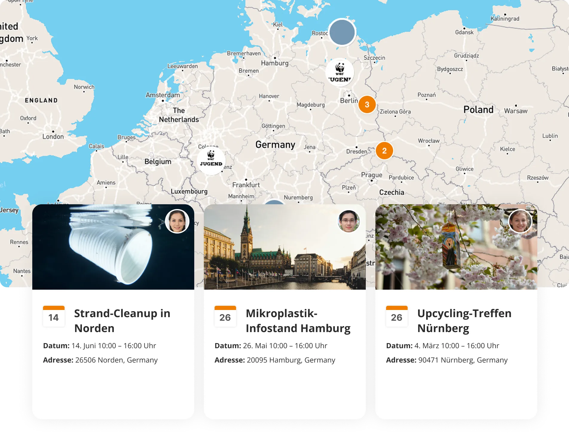 Eine Europakarte, auf der beispielhafte Aktionen der WWF Jugend Community verzeichnet sind.