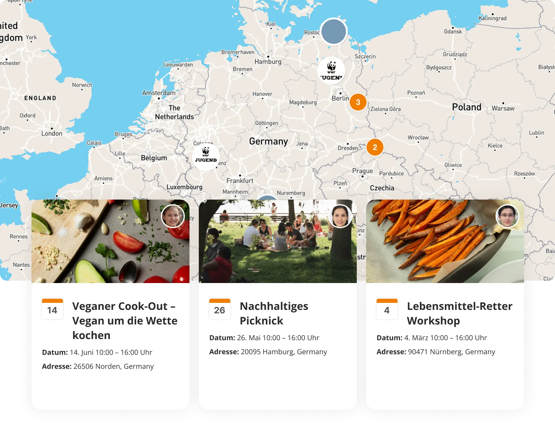 Eine Europakarte, auf der beispielhafte Aktionen der WWF Jugend Community verzeichnet sind.