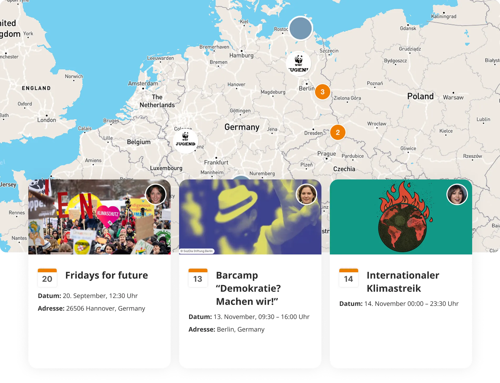Eine Europakarte, auf der beispielhafte Aktionen der WWF Jugend Community verzeichnet sind.