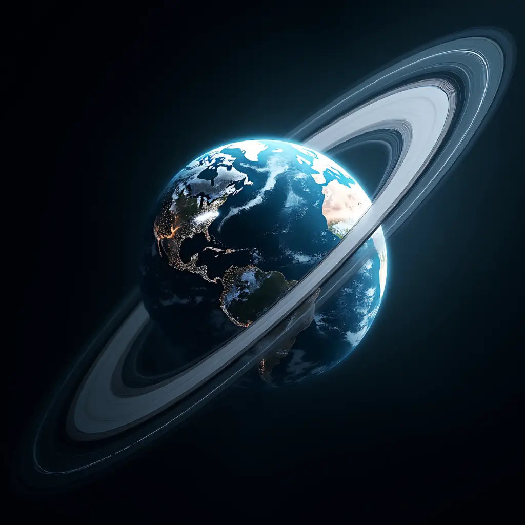 Digital erstelltes Bild der Erde im Universum. Ringe um den Planeten, die z.b. Bahnen der Satelliten nachstellen. Damit hat der Planet hier Ähnlichkeit mit dem Saturn.