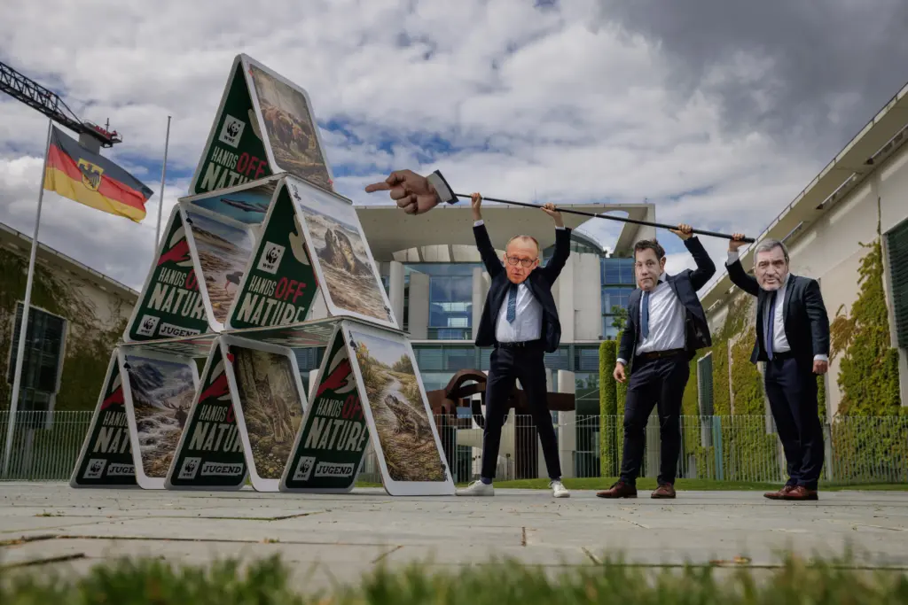 Kartenhaus mit dem Hands off Nature Logo und bedrohten Tierarten drauf. Nebendran stehen Merz, Klingbeil und Söder, die das Kartenhaus mit einem großen Zeigefinger zum Einsturz bringen wollen