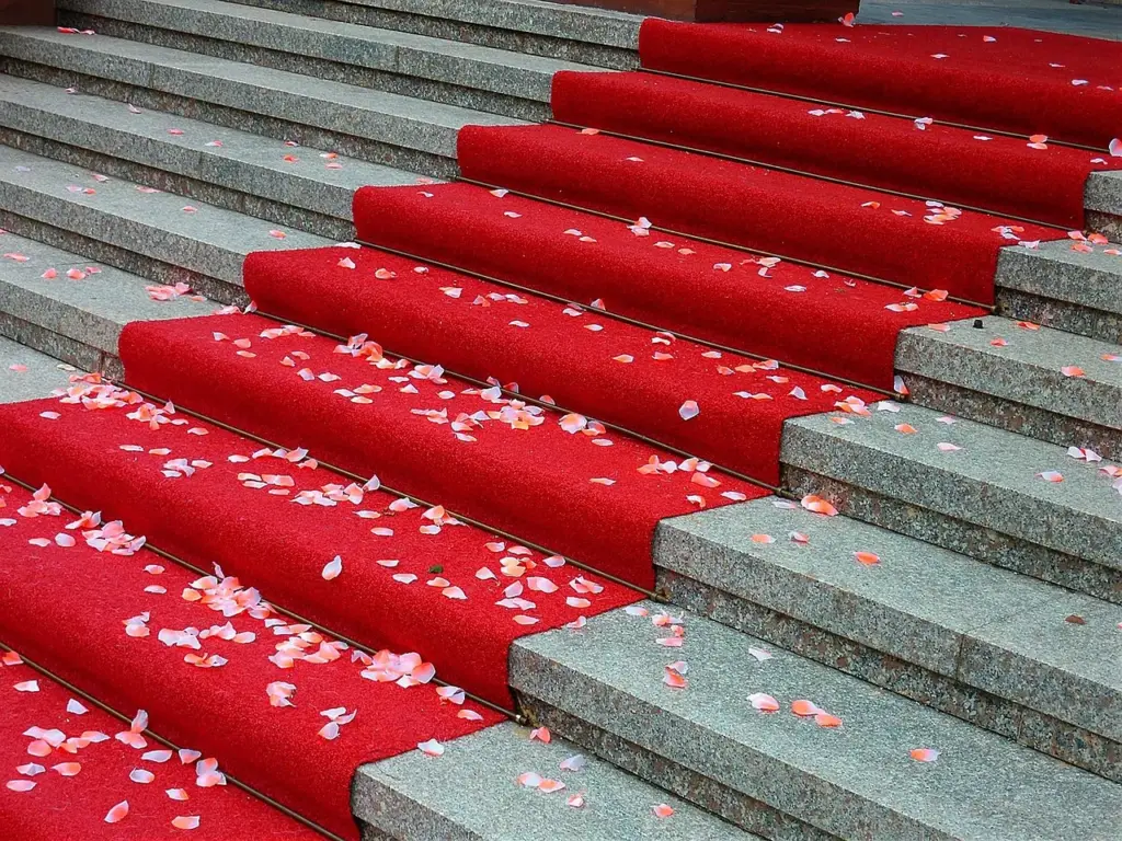 ein roter Teppich liegt auf grauen Treppenstufen, darauf Rosenblätter