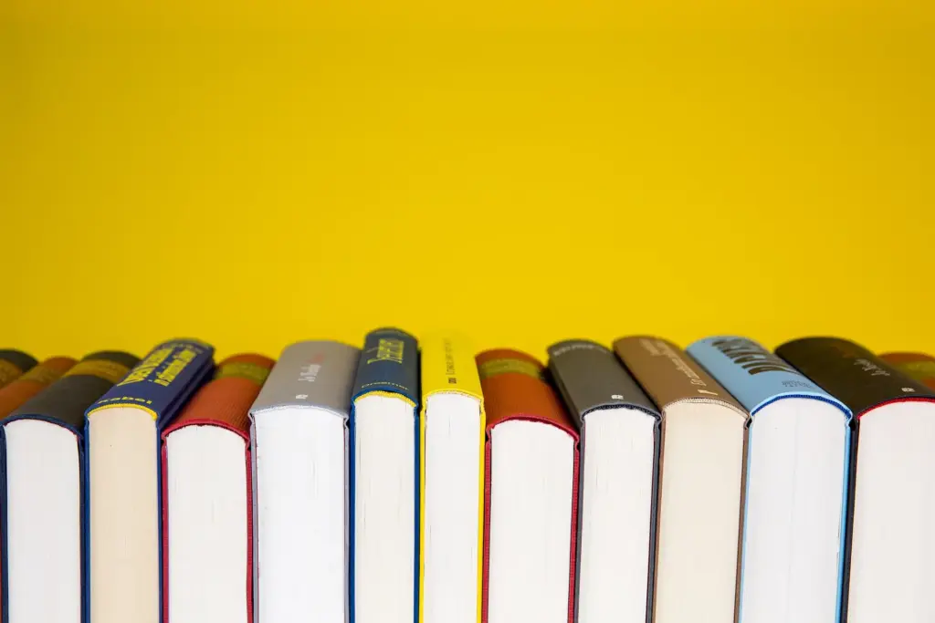 Das Bild zeigt nebeneinander aufgereihte Bücher von unten vor einem gelben Hintergrund.